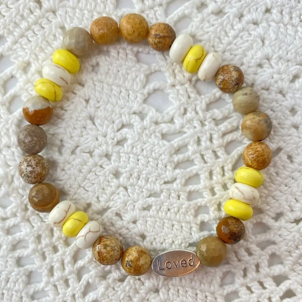 LOVED Charm Howlite Marbled Glass Bead Bracelet